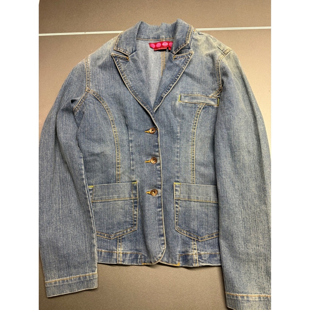 GLO Womens Denim Blazer Jacket Button Front Patch Pockets Size L career y2k